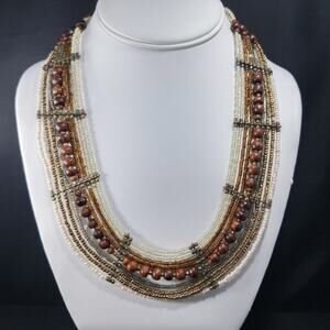 Vintage Pearled Glass Seed Beads & Wooden Beads Necklace, 22 Inches